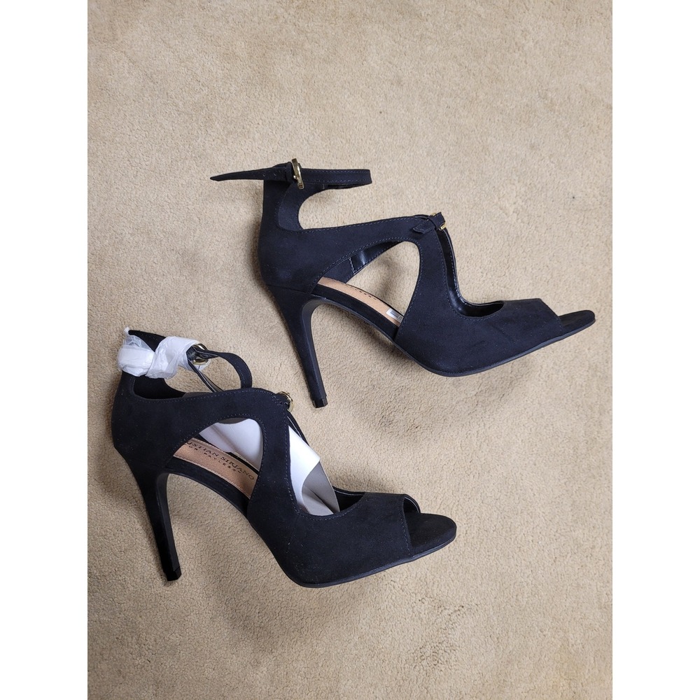 Christian Siriano‎ Black Peep Toe Ankle Strap Dress Stiletto Cutout Heels 7.5